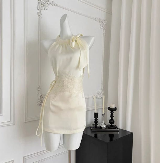 Ivory A Line Halter Satin Lace Short Homecoming Dress,Summer 18th Birthday Dress GG4494