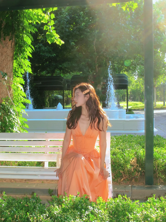 Pastel Orange A Line V Neck Satin Long Prom Dress,Party Dress,Formal Evening Dress GG4504