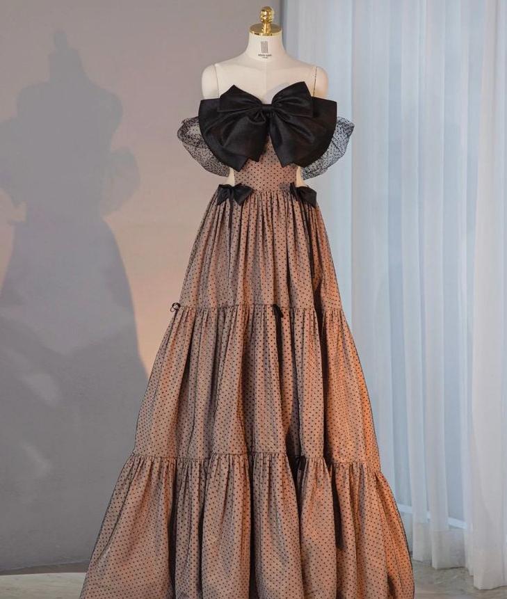 Gorgeous A Line Off The Shoulder Black Bow Polka Dots Tulle Long Prom Dress, Evening Dress GG452