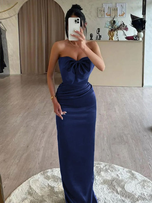 Elegant Mermaid Strapless Navy Satin With Bow Long Prom Dress,Party Dress,Formal Evening Dress GG4559