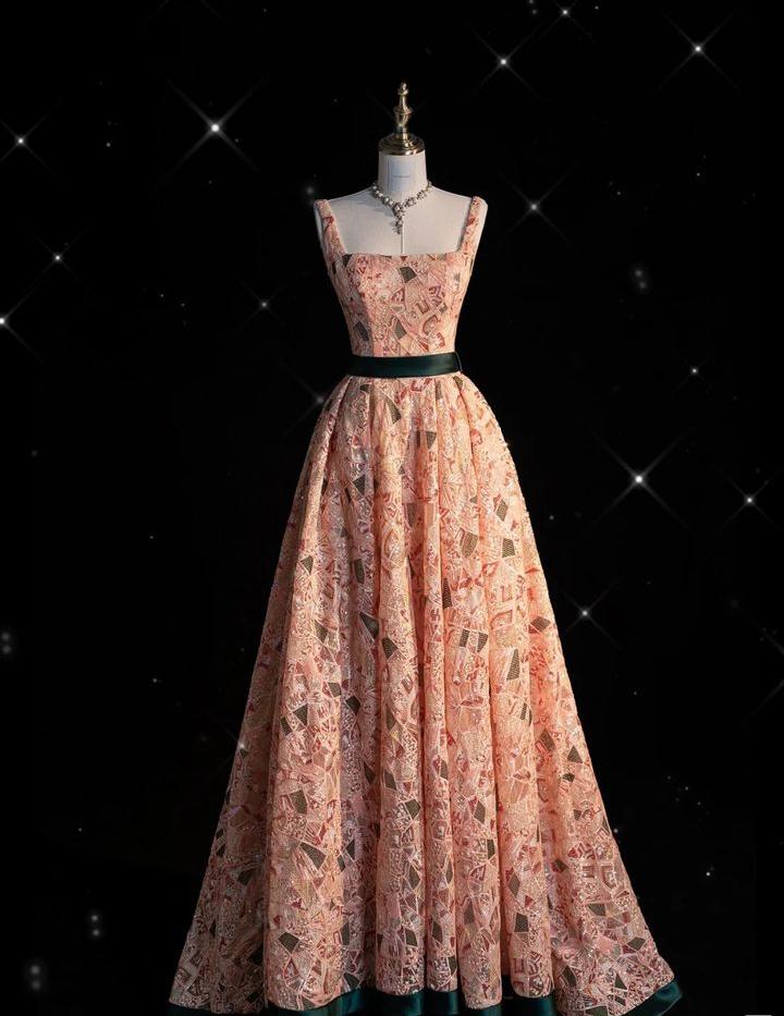 Gorgeous A Line Square Peach Lace Printed Pattern Long Prom Dress, Evening Dress GG456