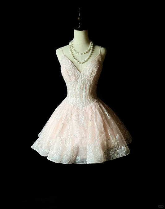 Sweet A Line Spaghetti Straps Tulle Lace Sequin Short Homecoming Dress,Summer 16th Birthday Dress GG4577