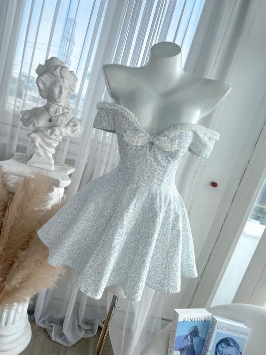 Chic A Line Off The Shoulder Printed Floral Satin Short Homecoming Dress,Vacation Dress,Summer 18th Birthday Dress GG4604