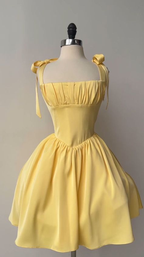 Yellow A Line Bow Straps Satin Short Homecoming Dress,Vacation Dress,Summer 17th Birthday Dress GG4610