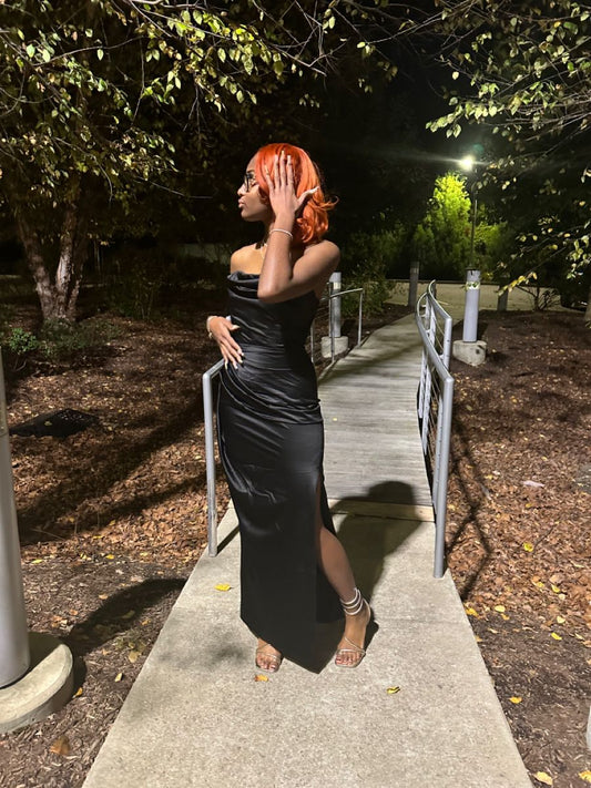 Elegant Mermaid Strapless Black Satin Slit Long Prom Dress,Party Dress,Formal Evening Dress GG4665