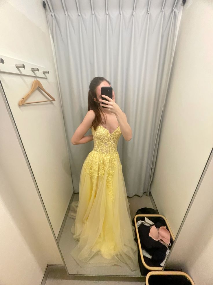 Pastel Yellow A Line Strapless Tulle Lace Long Prom Dress,Party Dress,Formal Evening Dress GG4721