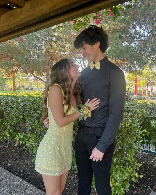 Shiny A Line Spaghetti Straps Pastel Yellow Sequin Short Homecoming Dress,Vacation Dress,Summer 19th Birthday Dress GG4731