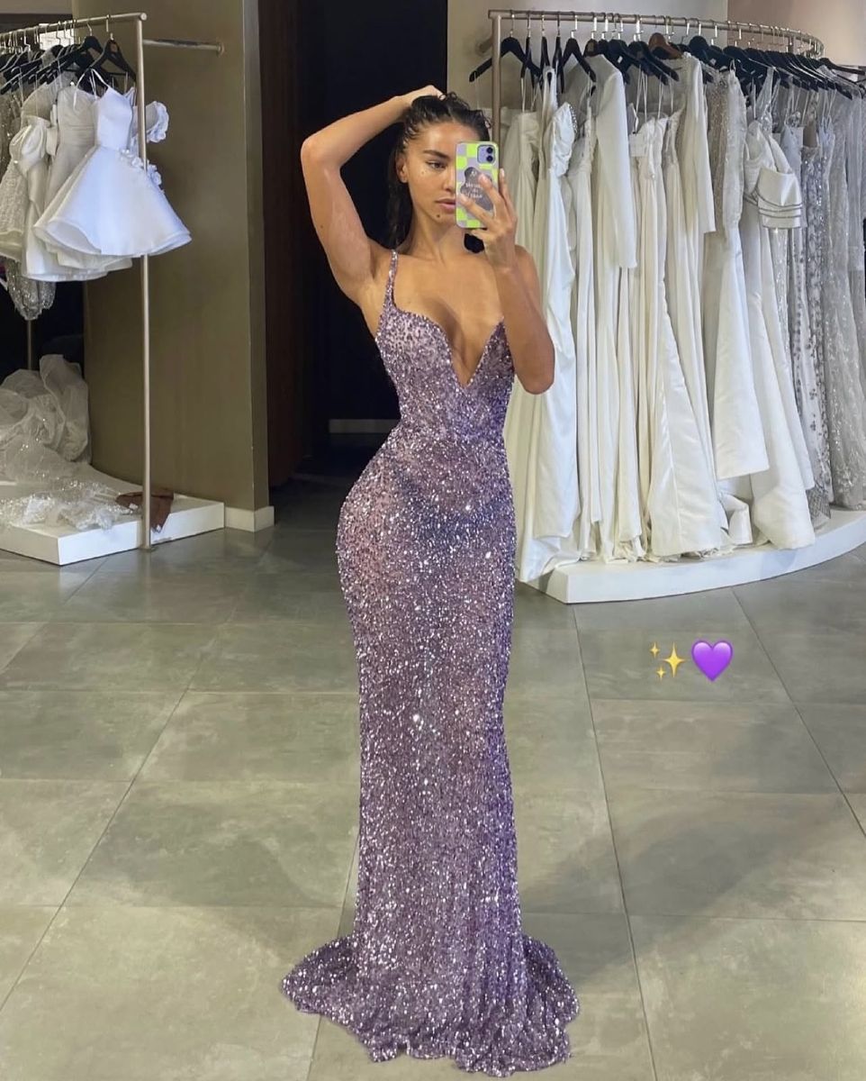 Sparkles Purple Mermaid Spaghetti Straps Sequin Long Prom Dress,Party Dress,Formal Evening Dress GG4749