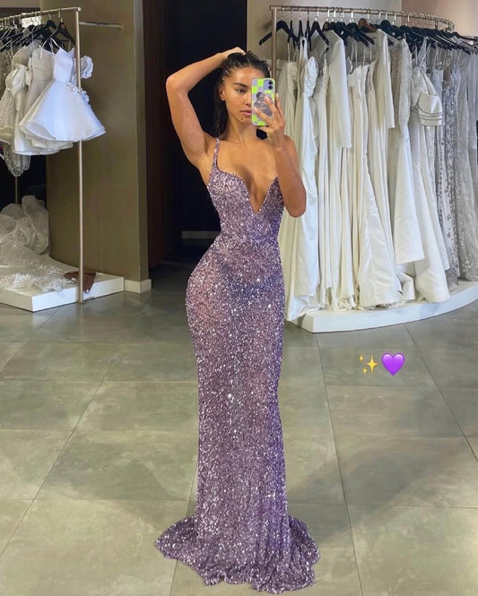 Sparkles Purple Mermaid Spaghetti Straps Sequin Long Prom Dress,Party Dress,Formal Evening Dress GG4749