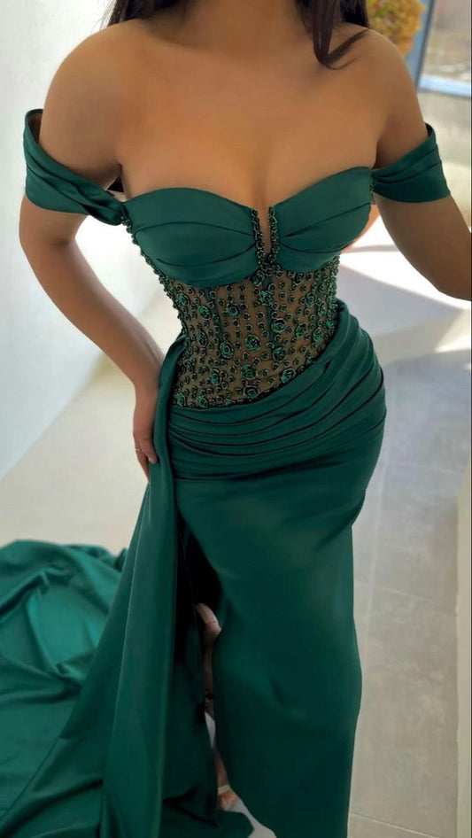 Elegant Mermaid Dark Green Off The Shoulder Satin Beads Long Prom Dress,Party Dress,Formal Evening Dress GG4752