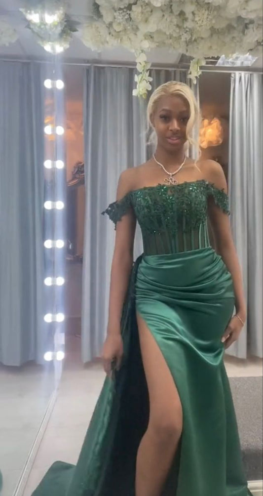 Chic Mermaid Dark Green Off The Shoulder Satin Beads Slit Long Prom Dress,Party Dress,Formal Evening Dress GG4753