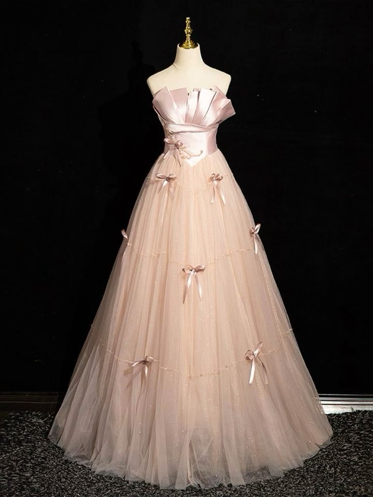 Exquisite A Line Strapless Pink Bow Tulle Long Prom Dress,Evening Dress GG476