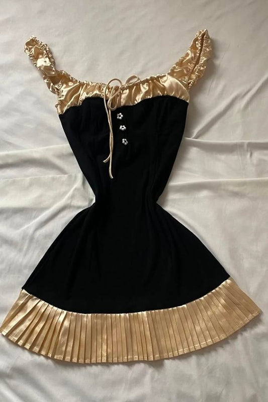 Unique A Line Off The Shoulder Black And Gold Satin Short Homecoming Dress,Vacation Dress,Summer 20th Birthday Dress GG4794
