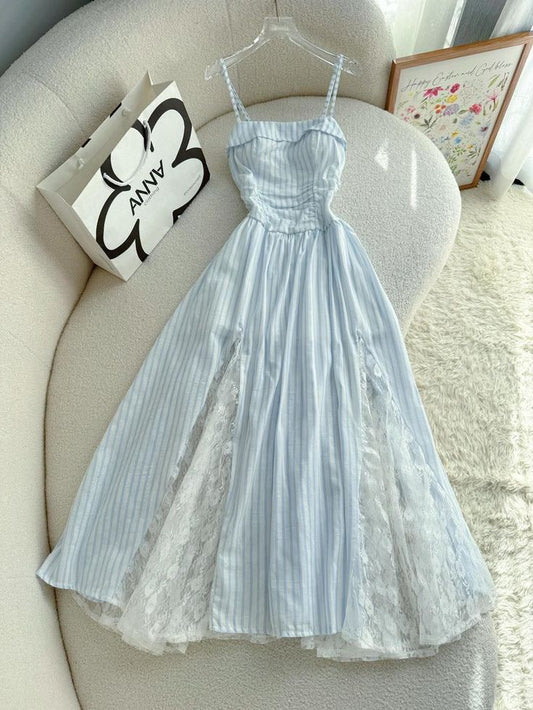 Unique A Line Spaghetti Straps Satin Lace Long Prom Dress,Party Dress,Formal Evening Dress GG4863