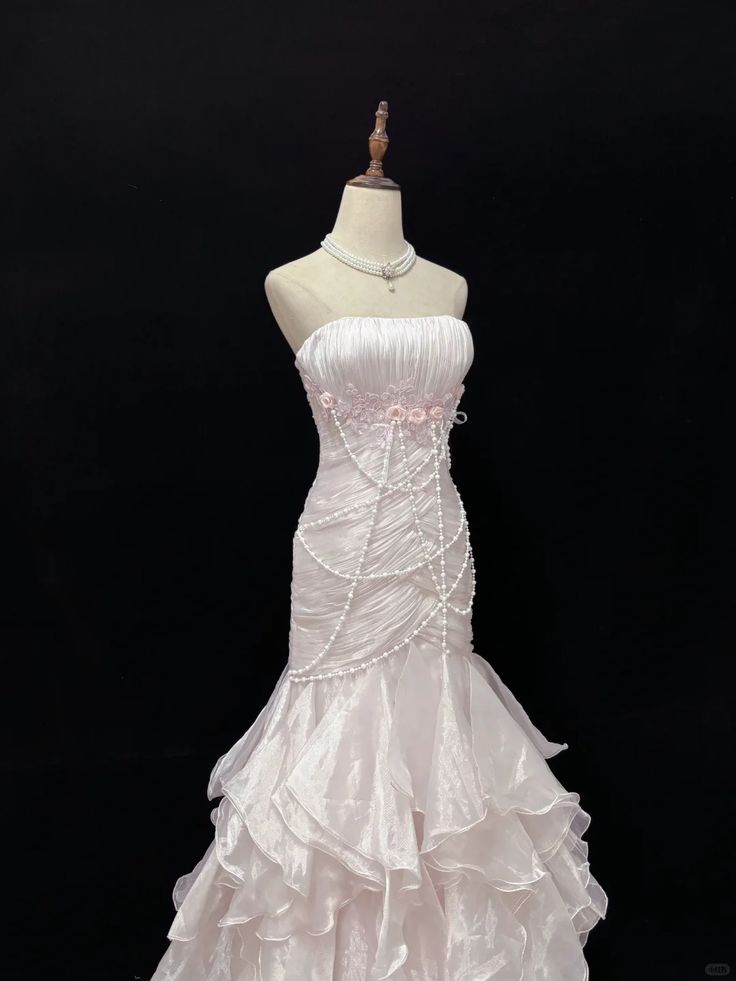 Princess Light Pink Mermaid Strapless Satin Beads Long Prom Dress,Party Dress,Formal Evening Dress GG4885