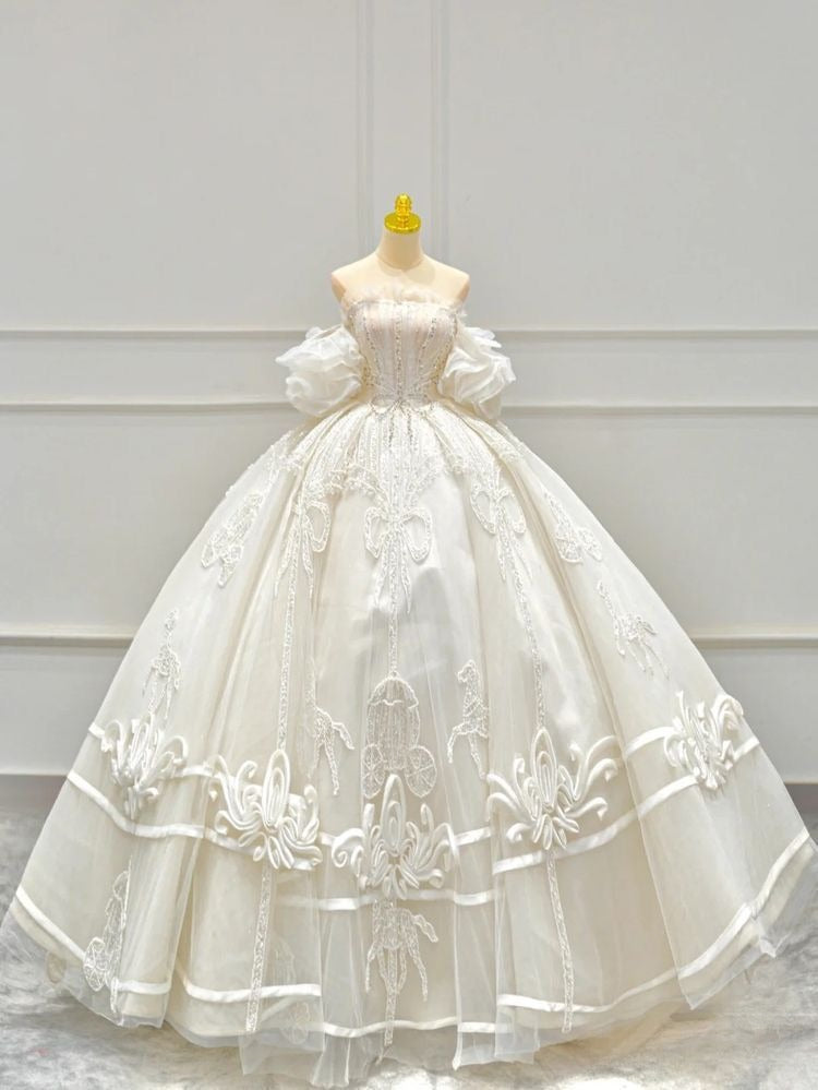 Dreamy Ball Gown Off The Shoulder Tulle Lace Long Prom Dress,Wedding Dress,Formal Evening Dress GG4893