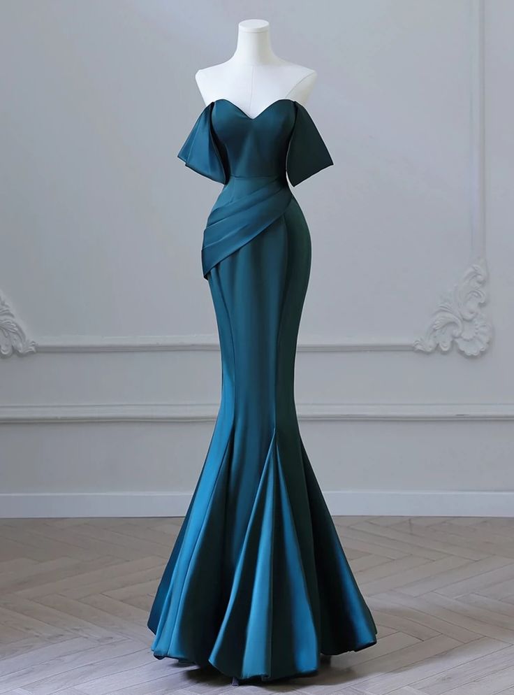 Simple Mermaid Off the Shoulder Teal Satin Pleats Long Prom Dress,Evening Dress GG490
