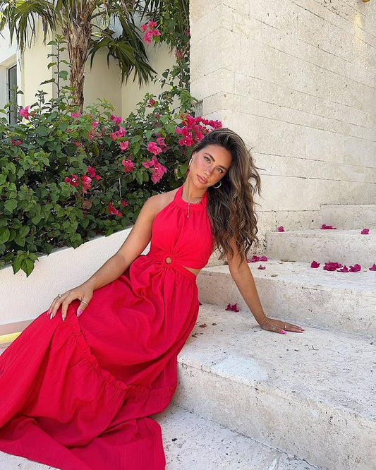 Style Elegant A Line Halter Red Satin Long Prom Dress,Party Dress,Formal Evening Dress GG4911