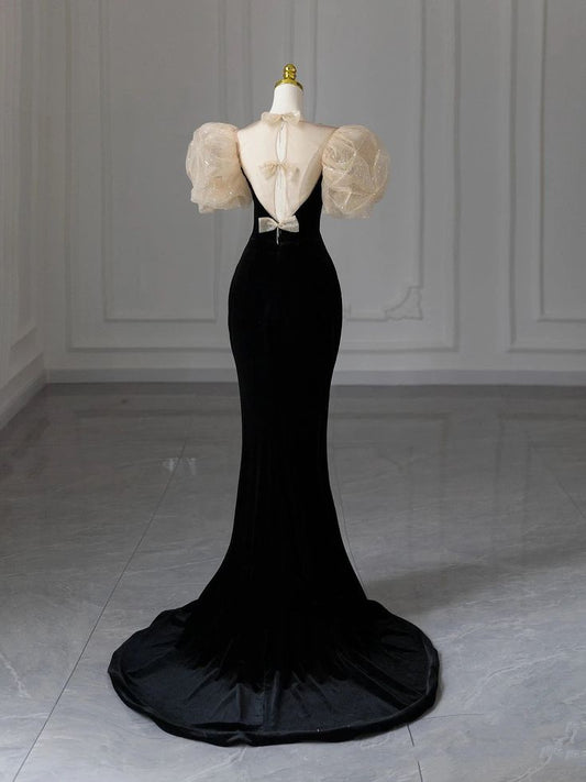 Gorgeous Black Mermaid Sweetheart Velvet Puffy Sleeve Long Prom Dress,Evening Dress GG492