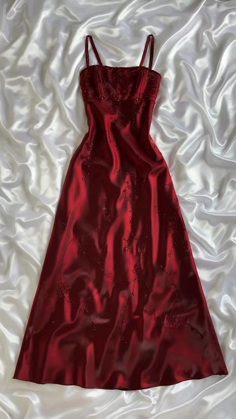 Vintage Burgundy A Line Spaghetti Straps Satin Beads Long Prom Dress,Party Dress,Formal Evening Dress GG4938