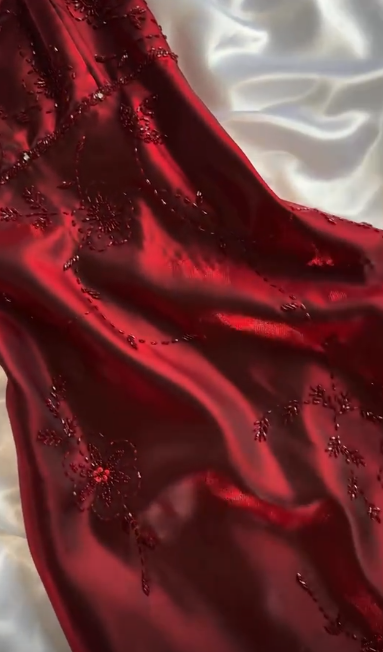 Vintage Burgundy A Line Spaghetti Straps Satin Beads Long Prom Dress,Party Dress,Formal Evening Dress GG4938