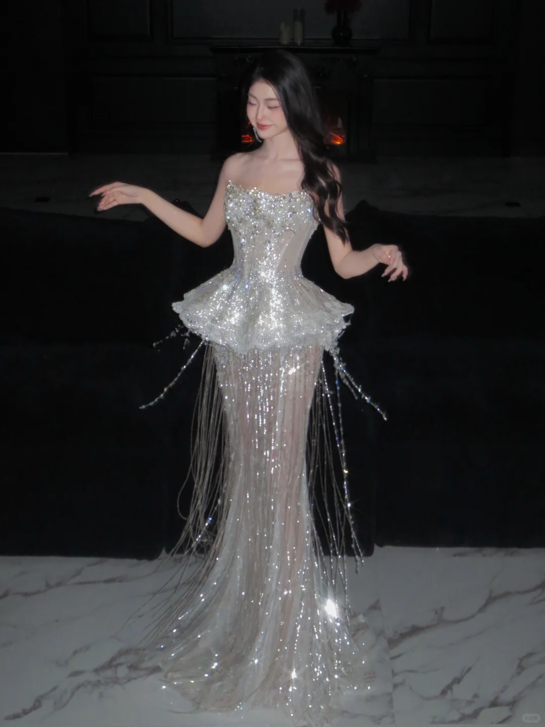 Sparkly Mermaid Strapless Sequin Beads Tassel Long Prom Dress,Party Dress,Formal Evening Dress GG4943