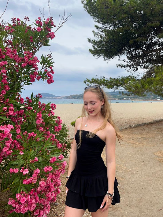 Classy Black A Line Strapless Satin Short Homecoming Dress,Vacation Dress,Summer 17th Birthday Dress GG4968