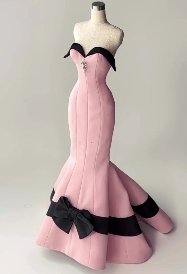 Graceful Mermaid Strapless Sweetheart Pink Satin Black Bow Long Prom Dress,Evening Dress GG499