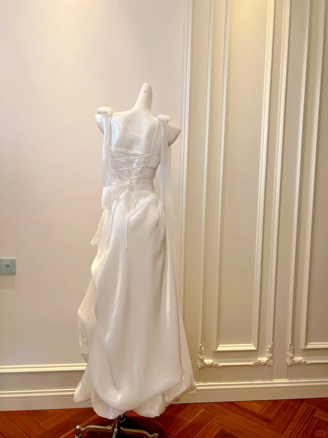 Classy A Line White Square Bow Straps Pleated Satin Long Prom Dress,Party Dress,Formal Evening Dress GG5023