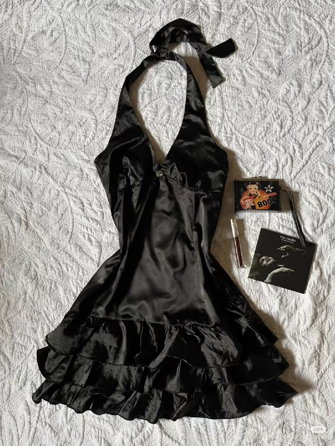 Simple Halter Black A Line Layer Satin Short Homecoming Dress,Vacation Dress,16th Birthday Dress GG5044