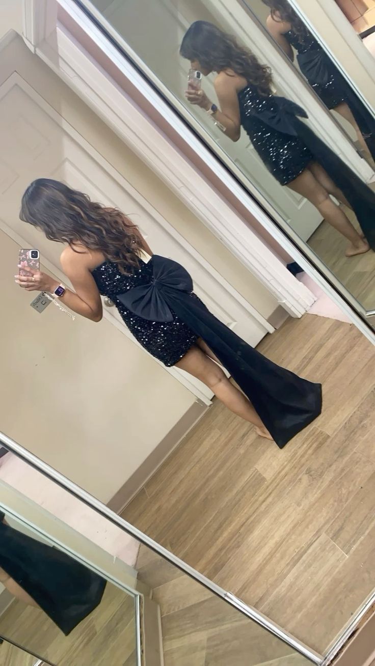 Princess Strapless Mermaid Black Satin Sequin Back With Bow Short Homecoming Dress,Vacation Dress,21th Birthday Dress GG5061