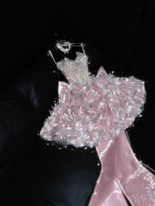 Shiny Pink Mermaid Spaghetti Straps Satin Sequin Beaded Short Homecoming Dress,Party Dress,18th Birthday Dress GG5068