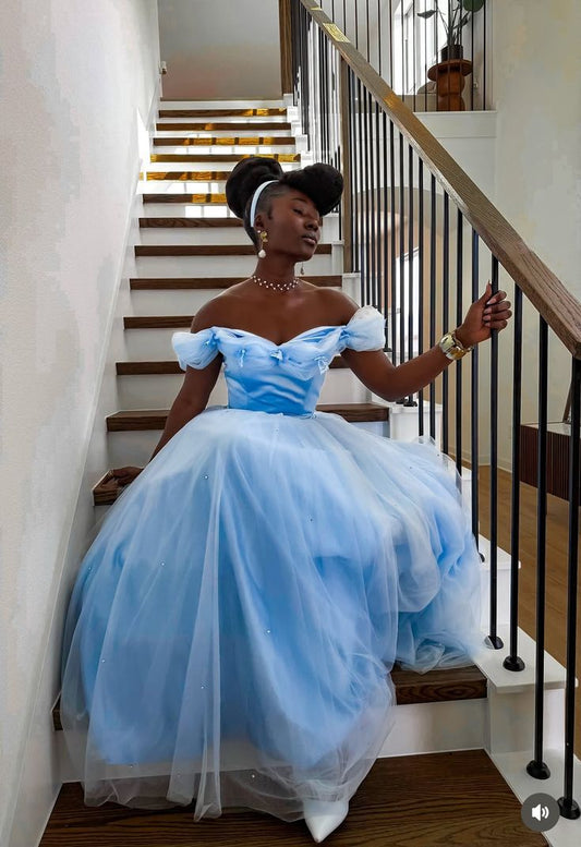 Princess A Line Off The Shoulder Blue Tulle Long Prom Dress,Party Dress,Formal Evening Dress GG5070