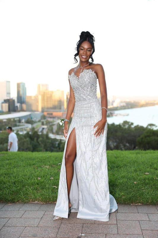 Gorgeous White Mermaid Strapless Satin Sequin Beaded Slit Long Prom Dress,Evening Dress GG5081