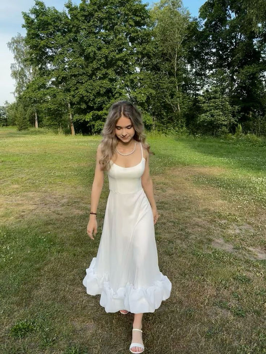 Pretty A Line Spaghetti Straps Satin With Chic Hem Long Prom Dress,Evening Dress GG5091