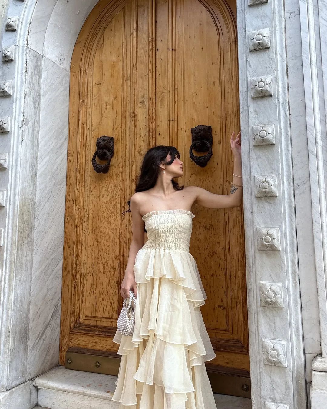 Princess A Line Strapless Tiered Satin Long Prom Dress,Evening Dress GG5097