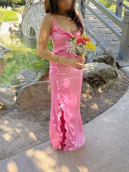 Charming Mermaid Spaghetti Straps Satin Ruffle Slit Long Prom Dress,Evening Dress GG5099