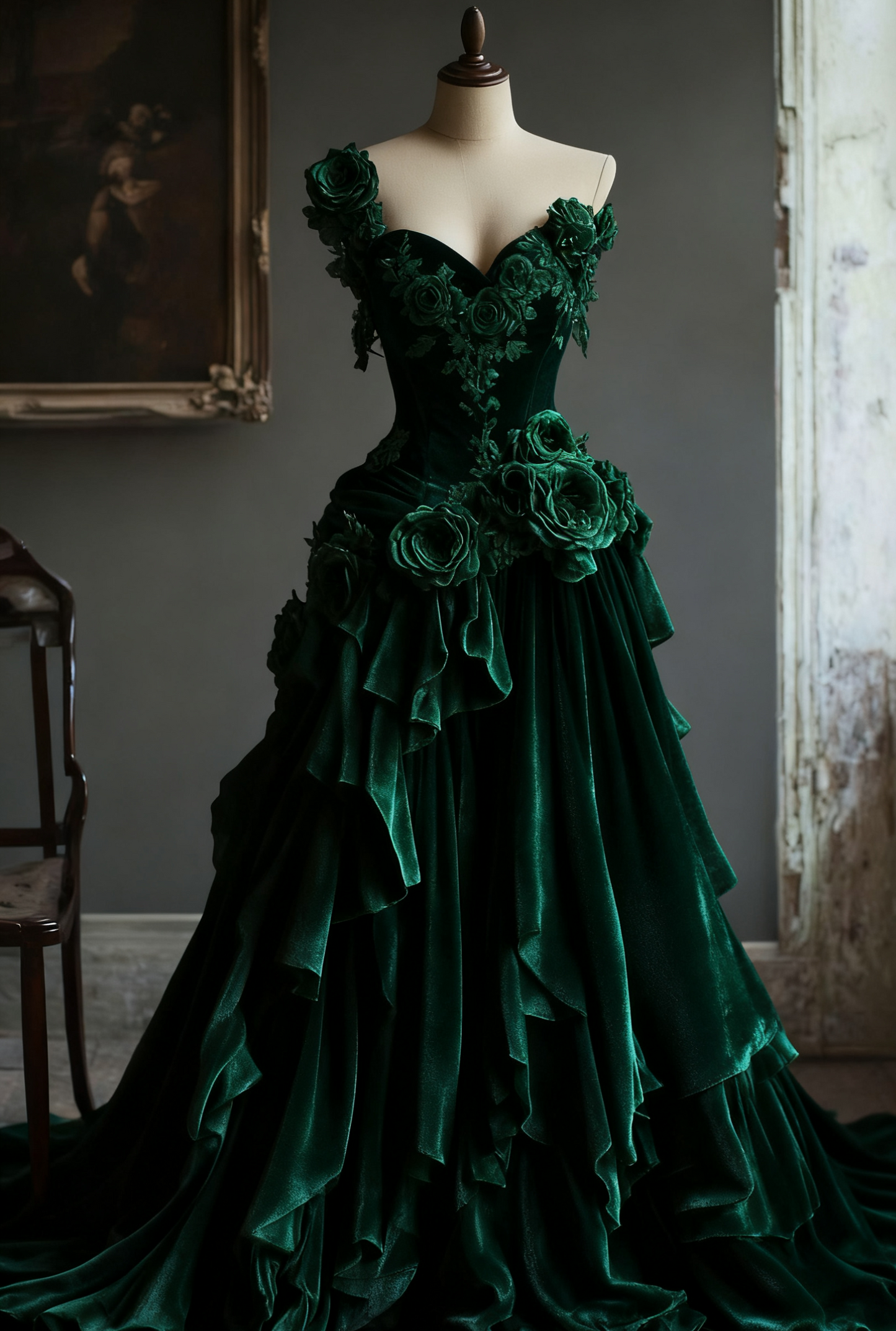 Chic A Line One Shoulder Dark Green Velvet Flowers Long Prom Dress,Evening Dress GG5111