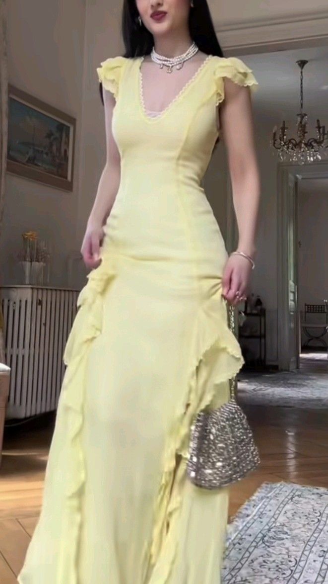 Charming Pastel Yellow Mermaid V Neck Satin Ruffle Long Prom Dress,Evening Dress GG5134