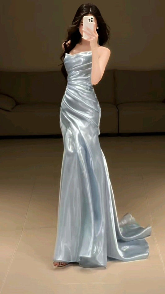 Classy Mermaid Strapless Pleated Satin Long Prom Dress,Evening Dress GG5139