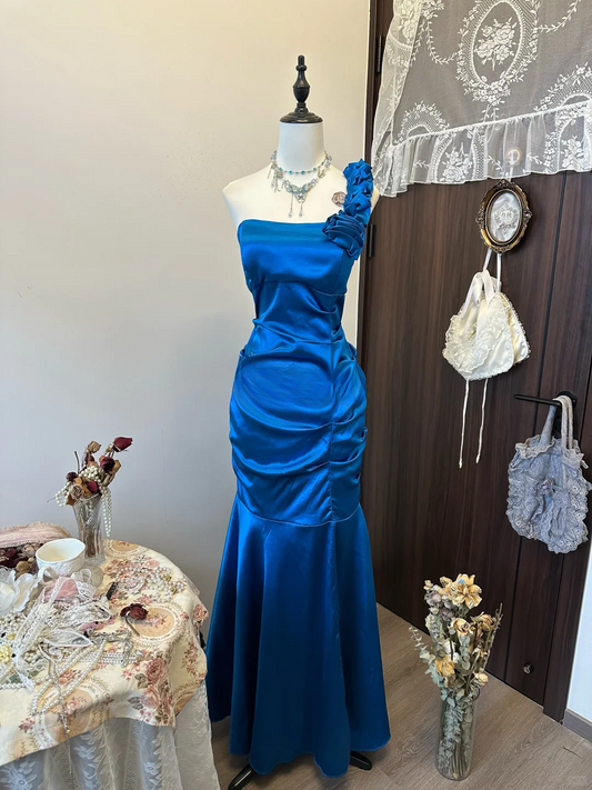 Chic Mermaid One Shoulder Royal Blue Satin Long Prom Dress,Evening Dress GG5149