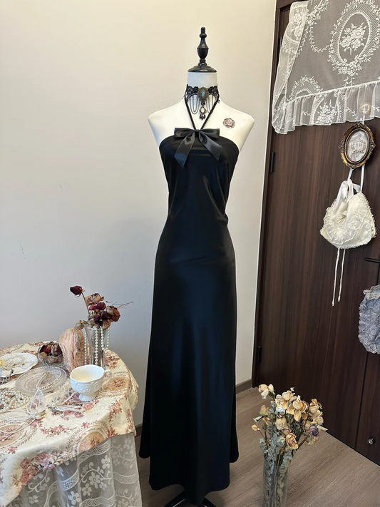 Simple Classy A Line Halter Black Satin Long Prom Dress,Evening Dress GG5155