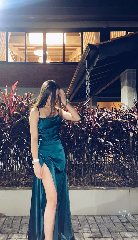 Charming A Line Spaghetti Straps Satin Slit Long Prom Dress,Evening Dress GG5164