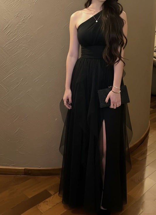 Modest A Line One Shoulder Black Satin Tulle Slit Long Prom Dress,Evening Dress GG5165