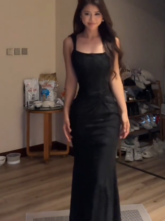 Sexy Mermaid Square Black Satin Long Prom Dress,Evening Dress GG5176