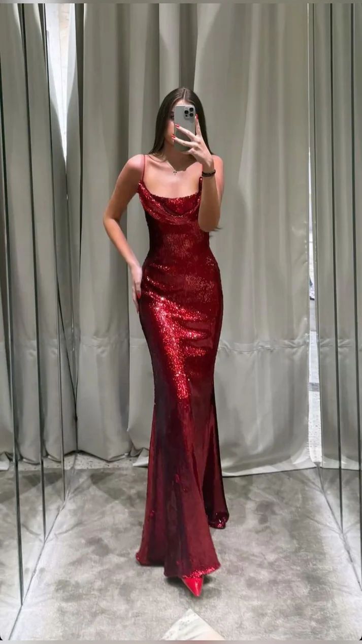 Shiny Burgundy Mermaid Spaghetti Straps Sequin Long Prom Dress,Evening Dress GG5185