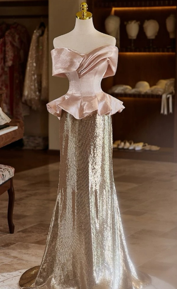 Elegant Mermaid Off The Shoulder Satin Sequin Long Prom Dress,Evening Dress GG5193