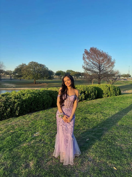 Lilac Mermaid Off The Shoulder Tulle Sequin Long Prom Dress,Evening Dress GG5202