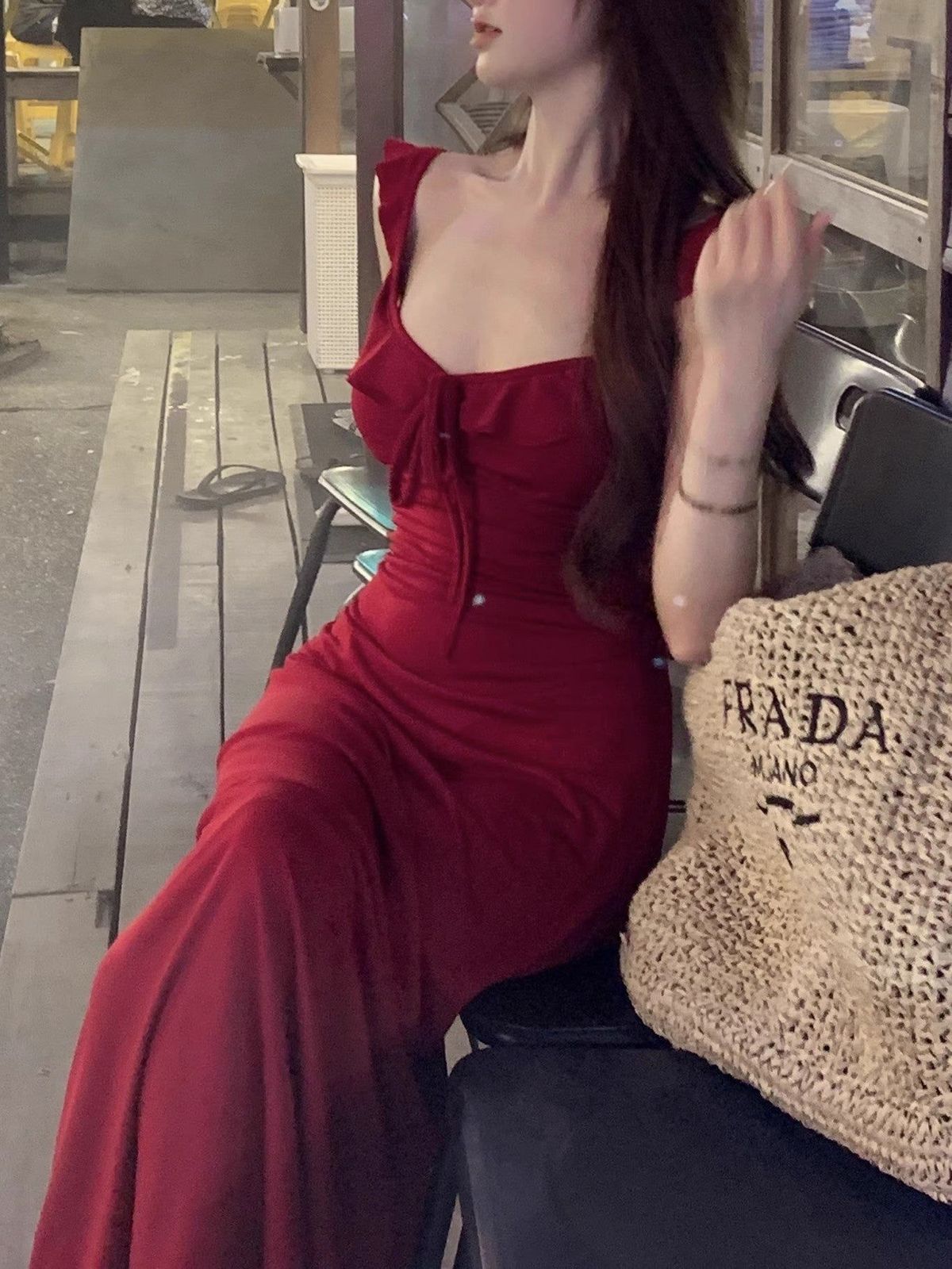 Pretty Mermaid Burgundy Spaghetti Straps Ruffle Neck Satin Long Prom Dress,Evening Dress GG5239