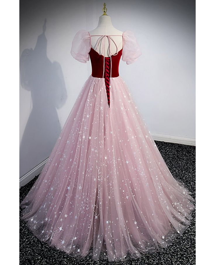 Lovely A Line Sweetheart Stars Pink Sequin Puff Sleeve Long Prom Dress,Evening Dress GG525